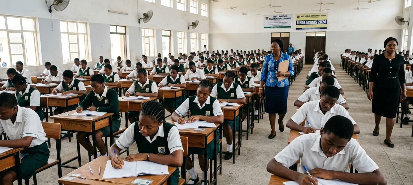 Nigerian secondary school students writing WAEC or NECO exam in a quiet examination hall with invigilators supervising.