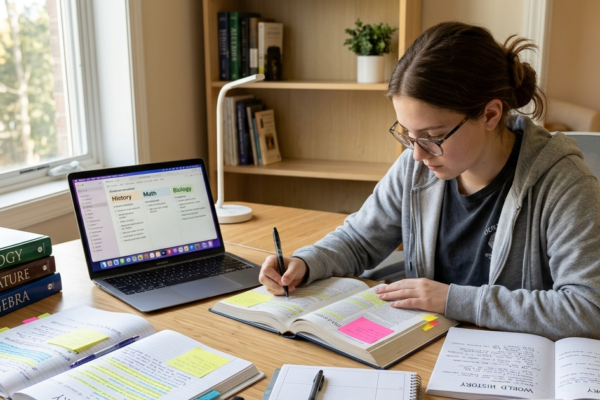 Student using memory techniques and organized study materials to improve learning and retention