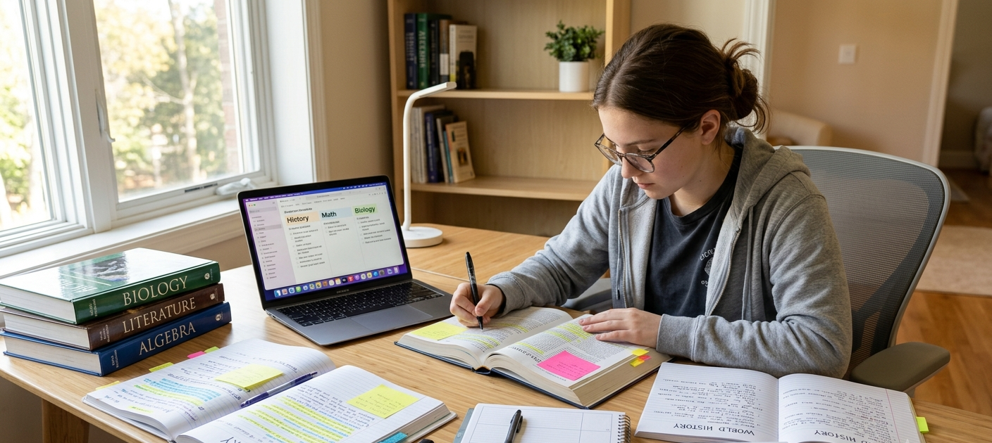 Student using memory techniques and organized study materials to improve learning and retention