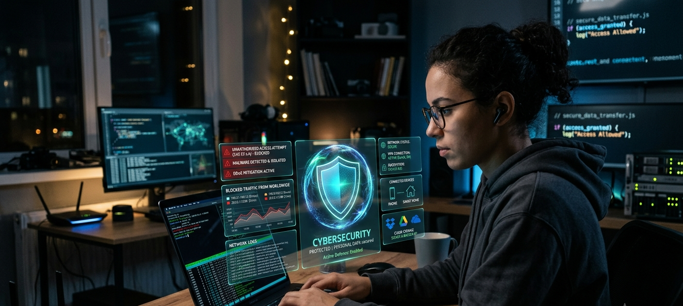 10 Common Cybersecurity Mistakes That Make You an Easy Target for Cybercriminals 2 Cybersecurity protection shield protecting personal data from online threats and cybercriminal attacks