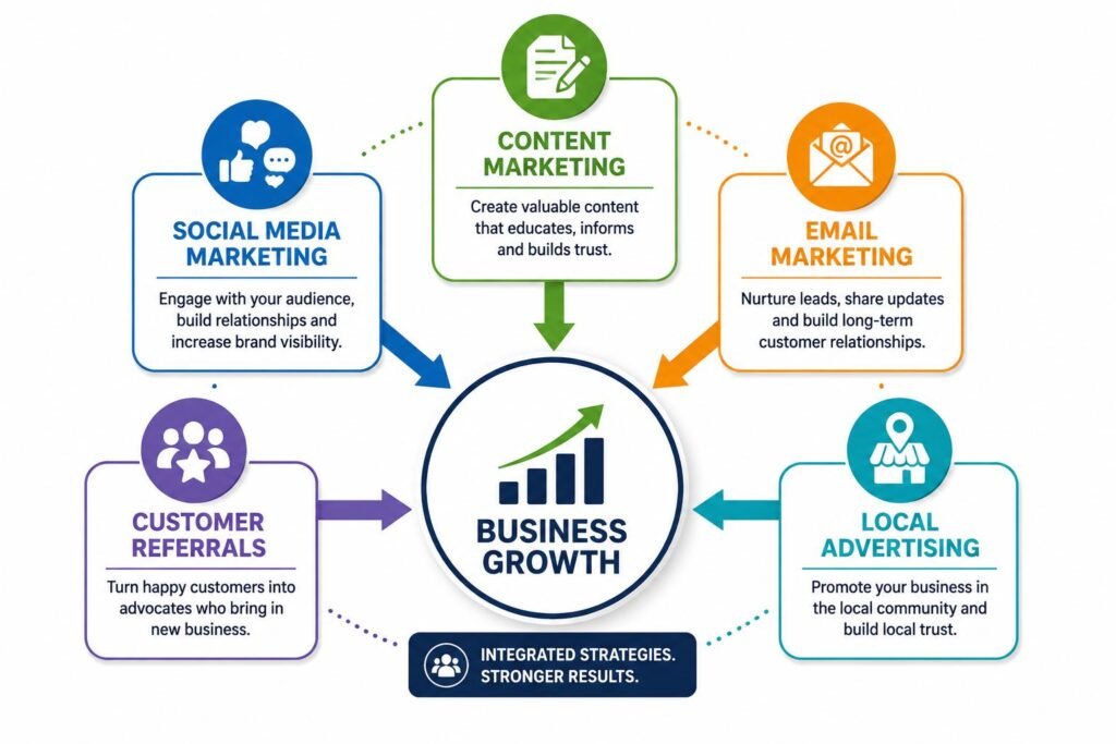 Infographic showing Essential Marketing Strategies for Growing a Small Business including content marketing, social media, email marketing, customer referrals, and local advertising.
