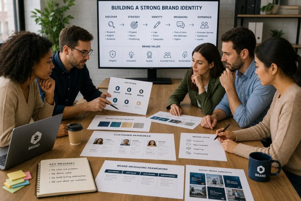 Team collaborating to Build a Strong Brand Identity through consistent branding, messaging, and customer-focused strategy.
