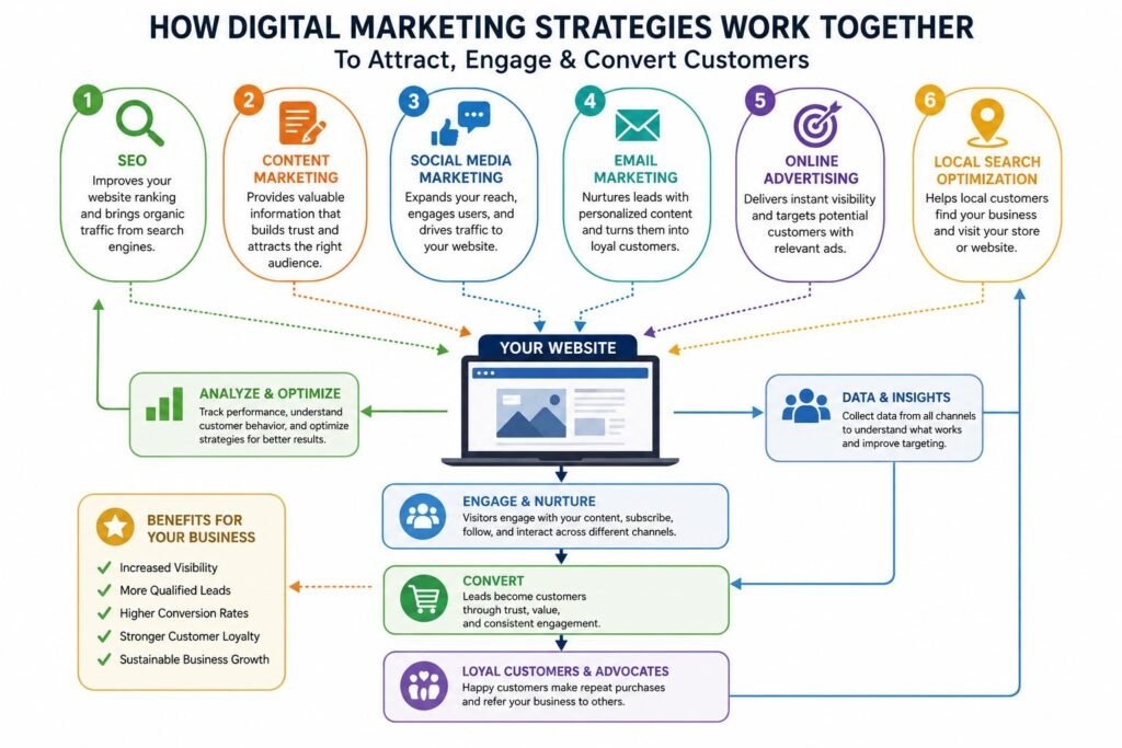 Digital Marketing Strategies That Help Small Businesses Grow Online 2 Digital marketing strategies for small businesses showing how SEO, content marketing, social media, email marketing, and advertising work together
