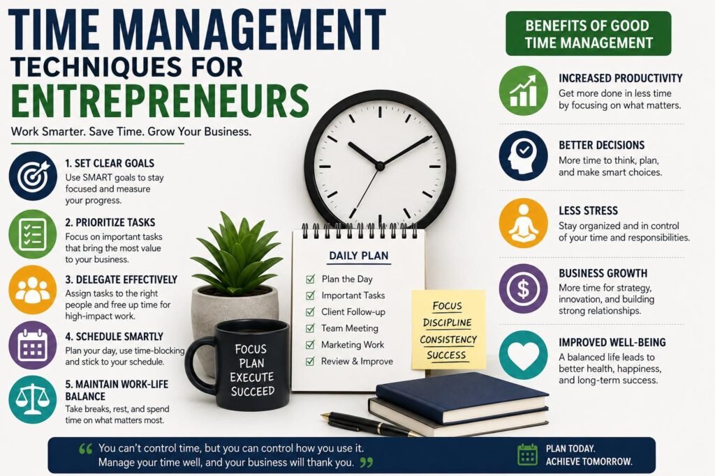 Time Management Techniques for Entrepreneurs and Small Business Owners 2 Time Management Techniques for Entrepreneurs showing task prioritization and time-blocking on a digital calendar.