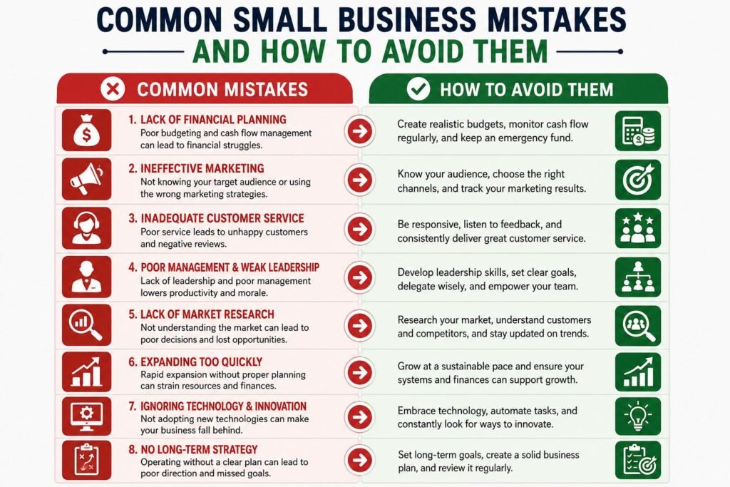 Common Small Business Mistakes and How to Avoid Them 2 Common Small Business Mistakes and How to Avoid Them infographic showing mistakes and solutions for entrepreneurs