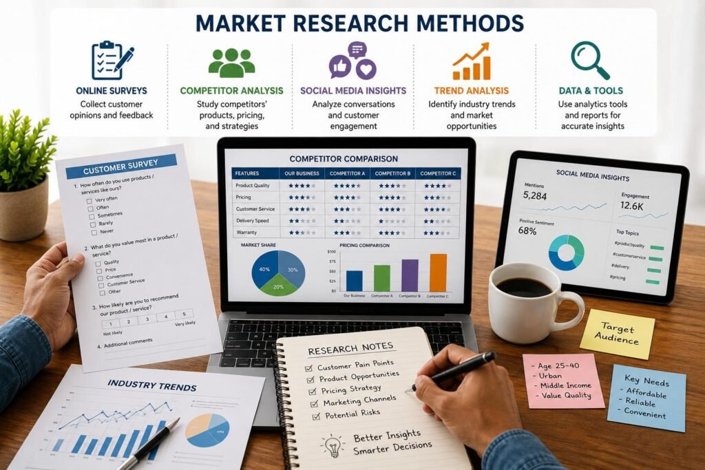How to Conduct Market Research Before Launching a New Business - market research methods including surveys and competitor analysis
