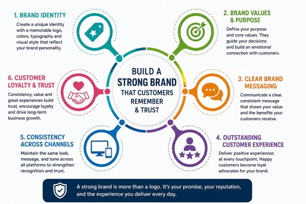 Illustration explaining how to build a strong brand that customers remember and trust through identity, messaging, and customer experience.
