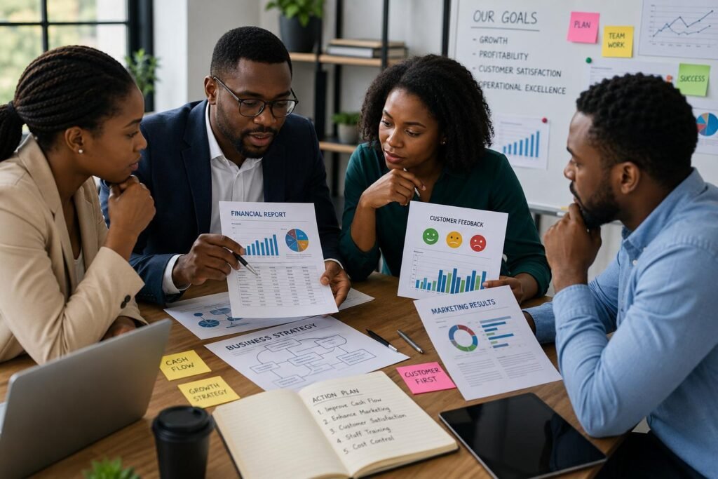 Small business failure reasons being addressed by a team reviewing financial reports, customer feedback, and marketing strategies.