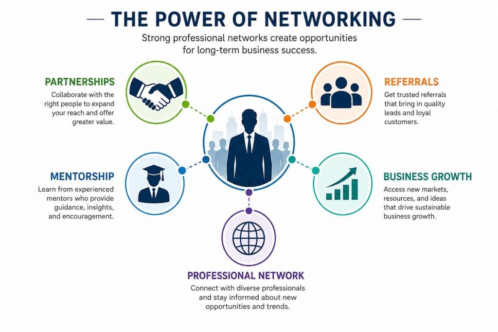 Importance of Networking for Business Success illustrated through partnerships, referrals, mentorship, and business growth
