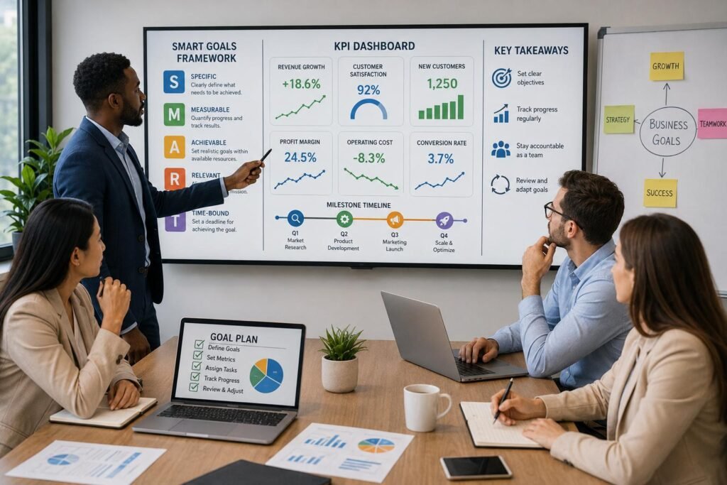 How to Set Realistic Business Goals That Drive Long-Term Growth 2 Team using realistic business goals and KPI tracking to support growth.