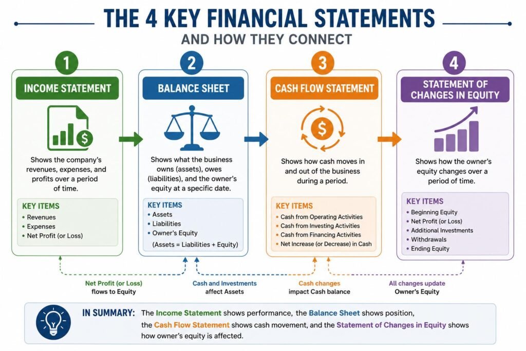 Step-by-Step Guide to Preparing Financial Statements for Small Businesses showing the four key financial statements