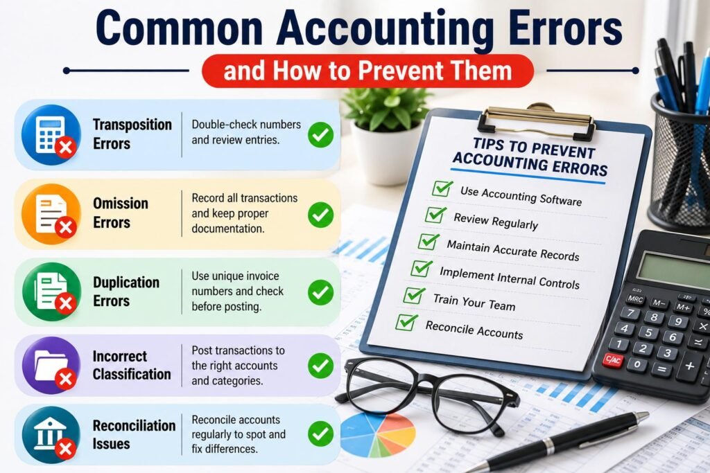 Common Accounting Errors and How to Prevent Them 2 Common accounting errors and how to prevent them including transposition, omission, duplication and reconciliation errors