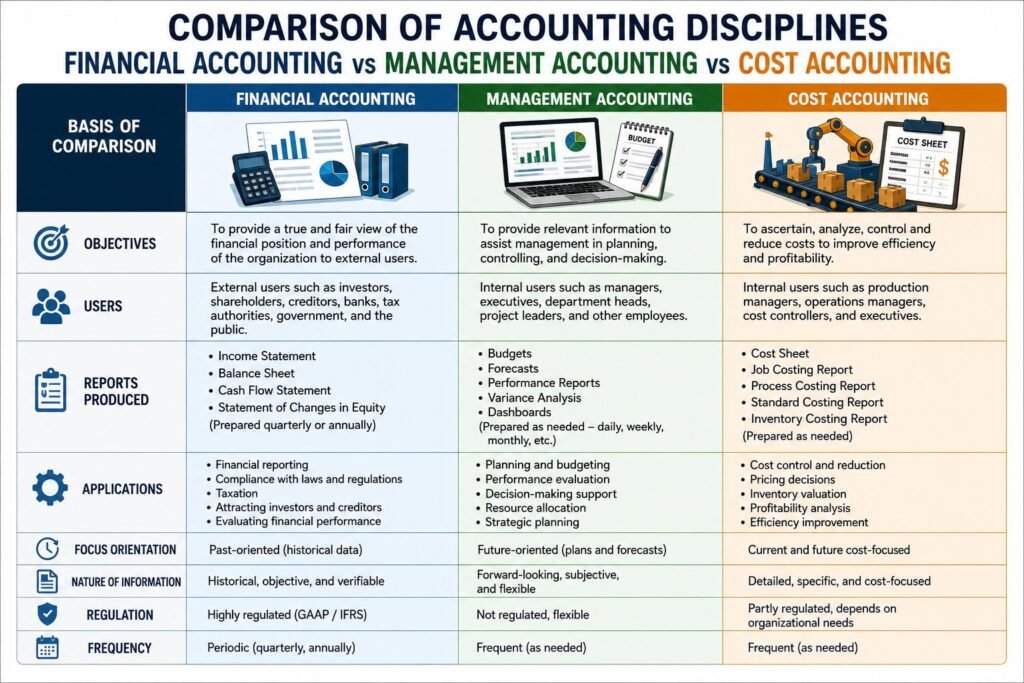 Comparison chart showing the Difference between Financial Accounting, Management Accounting, and Cost Accounting
