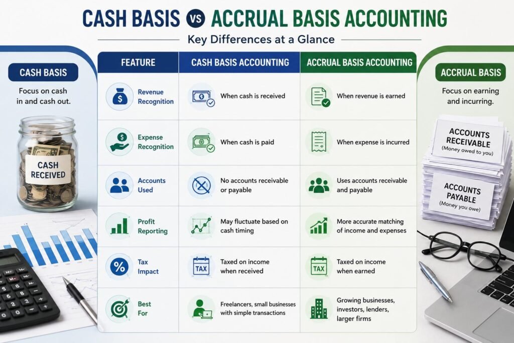 Revenue recognition example in Cash Basis vs Accrual Basis Accounting
