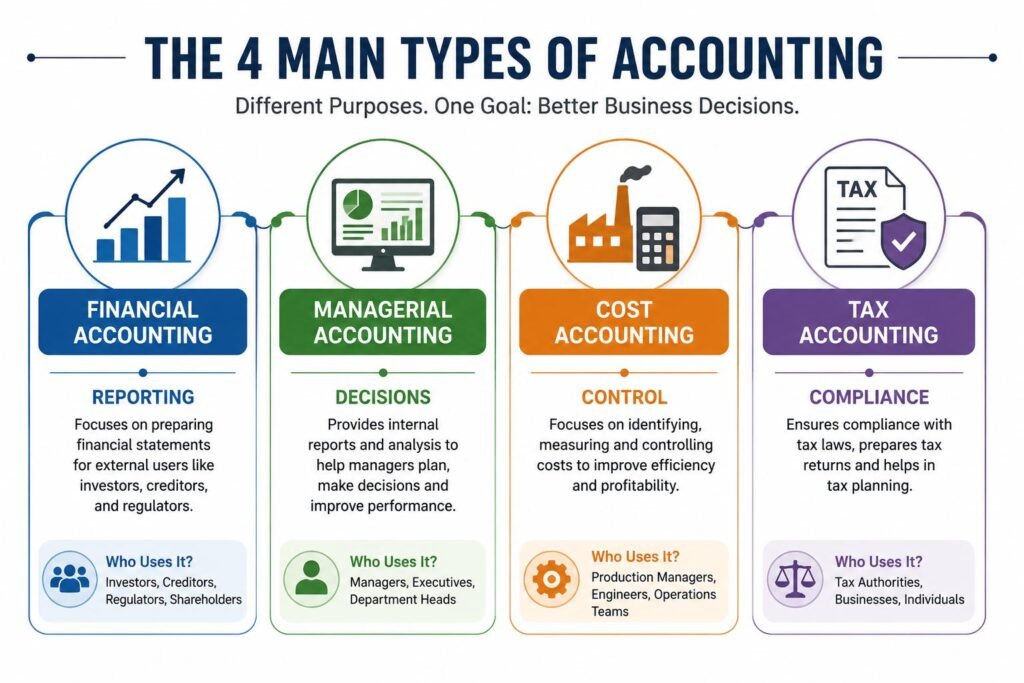 Types of Accounting Explained: Financial, Managerial, Cost, and Tax Accounting 2 Types of Accounting Explained infographic