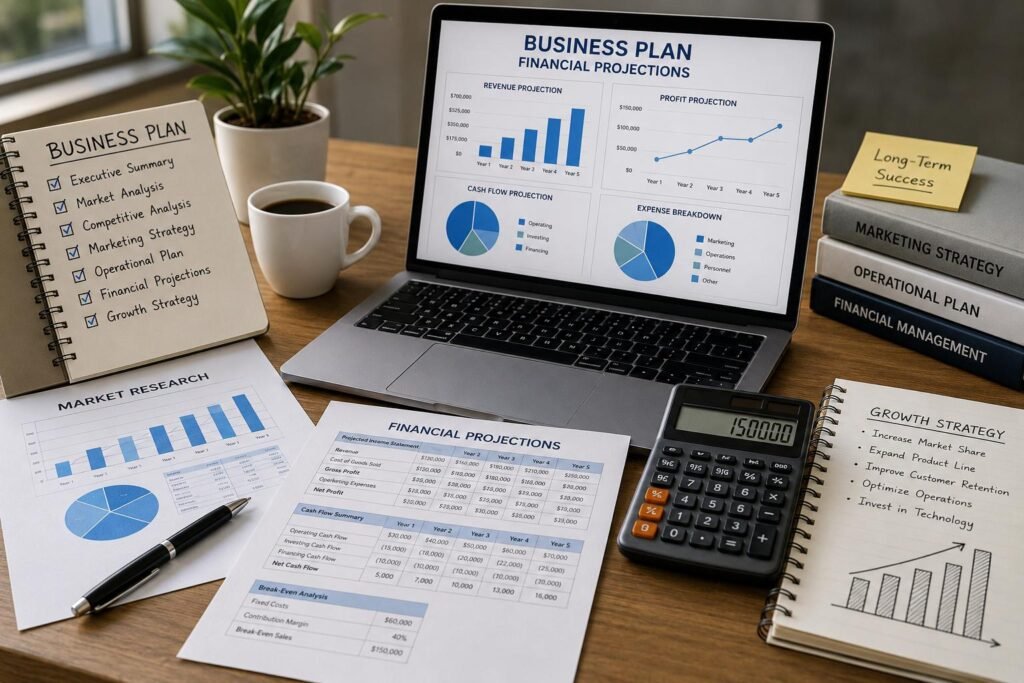 Business Plan for Long-Term Growth showing financial projections and business strategy
