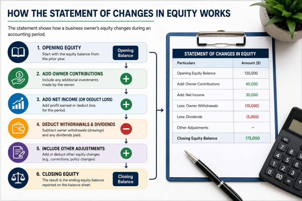 Statement of Changes in Equity Explained: A Complete Guide for Small Businesses 2 Statement of Changes in Equity formula showing how opening equity changes to closing equity through contributions, income, withdrawals, and dividends