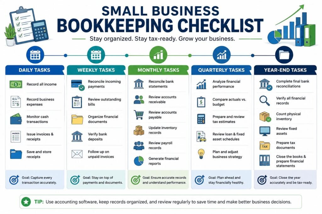 Small Business Bookkeeping Checklist: Daily, Weekly, Monthly and Year-End Tasks 2 Small Business Bookkeeping Checklist showing daily, weekly, monthly, quarterly and year-end bookkeeping tasks