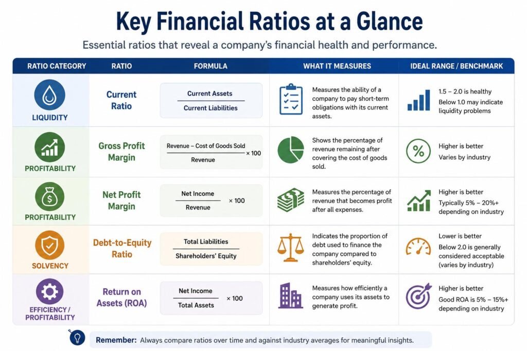 Analyze Financial Statements Using Key Ratios infographic showing liquidity, profitability, and solvency ratios
