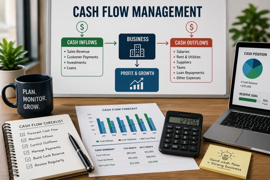 Cash Flow Management for Small Businesses infographic explaining cash inflows, expenses, and positive cash flow cycle
