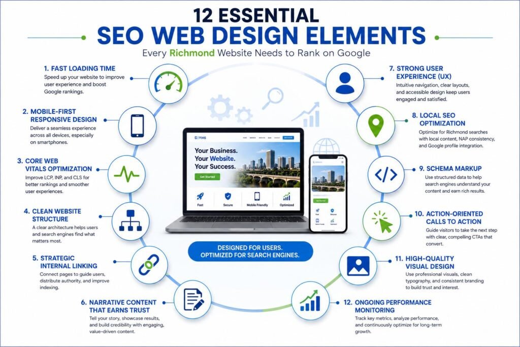 SEO-Driven Web Design: 12 Elements Every Richmond Website Needs to Rank on Google 2 SEO Web Design Richmond infographic illustrating the 12 key elements that improve website rankings, user experience, and conversions.