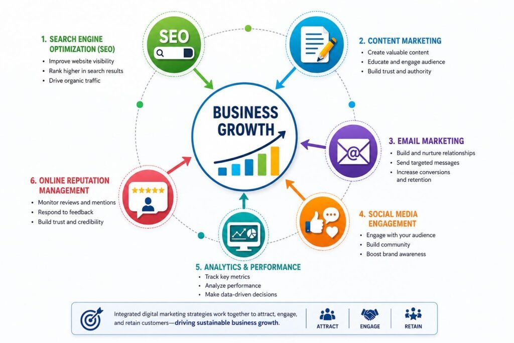 Digital Marketing Trends infographic showing SEO, content marketing, email marketing, social media, analytics, and online reputation management
