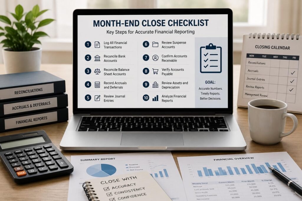 Month-end close checklist showing key accounting and financial reporting steps