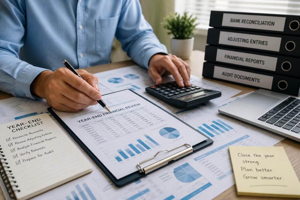 Accountant reconciling accounts to avoid year-end accounting mistakes
