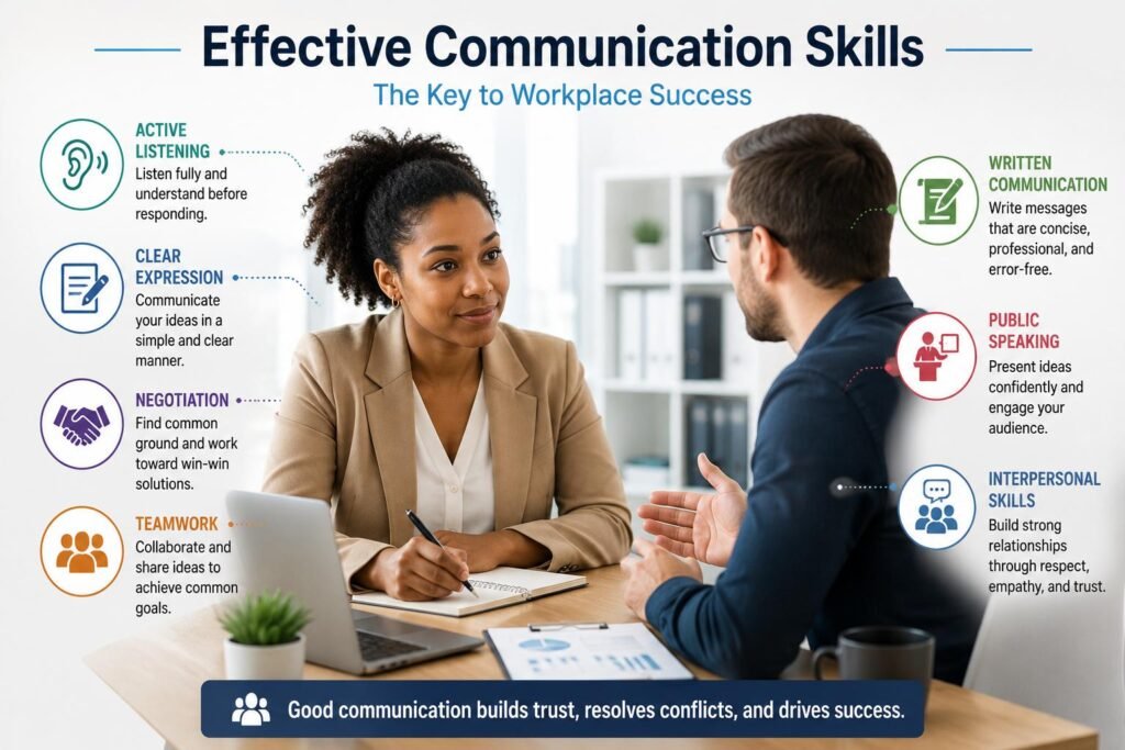 Effective Communication Skills for Workplace Success demonstrated through active listening during a professional business meeting.