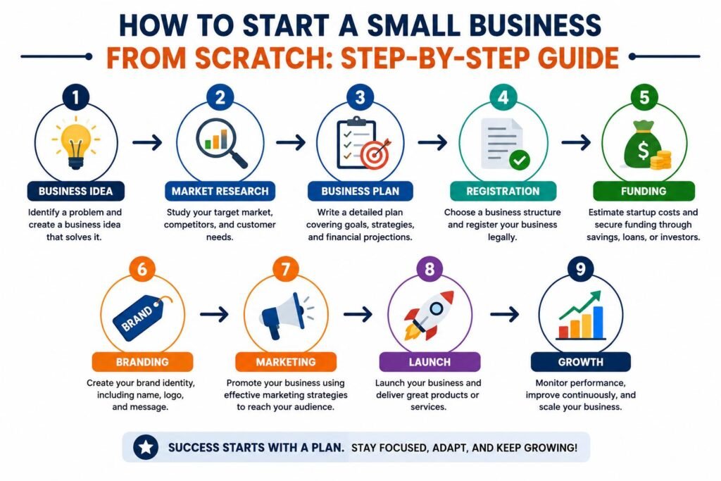 How to Start a Small Business from Scratch step-by-step startup process infographic
