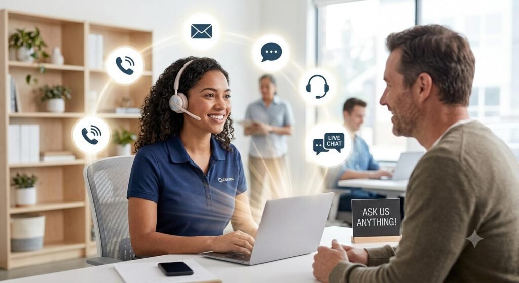 Customer Service Best Practices for Small Businesses showing effective communication between a customer service representative and a customer.