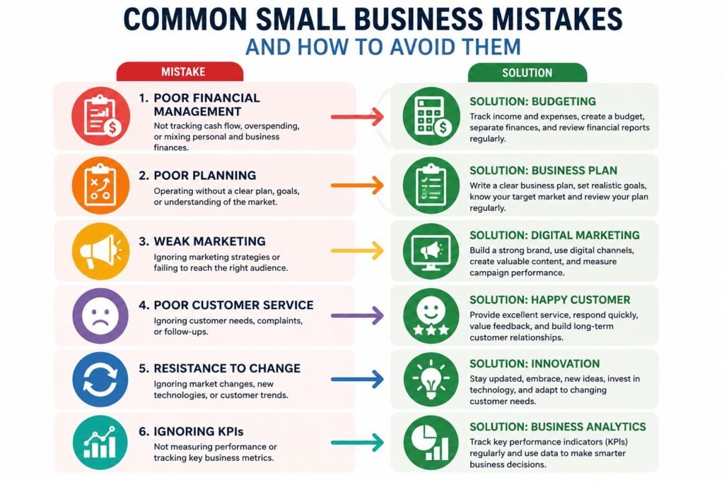 Common Small Business Mistakes infographic showing practical solutions for business success