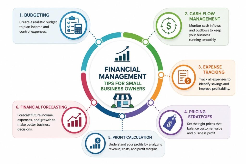 Financial Management Tips for Small Business Owners infographic showing budgeting, cash flow, pricing, expenses, and forecasting.
