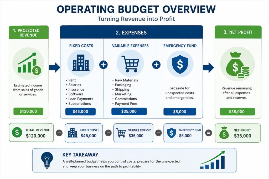 Small Business Budget operating budget example showing revenue, expenses, and net profit
