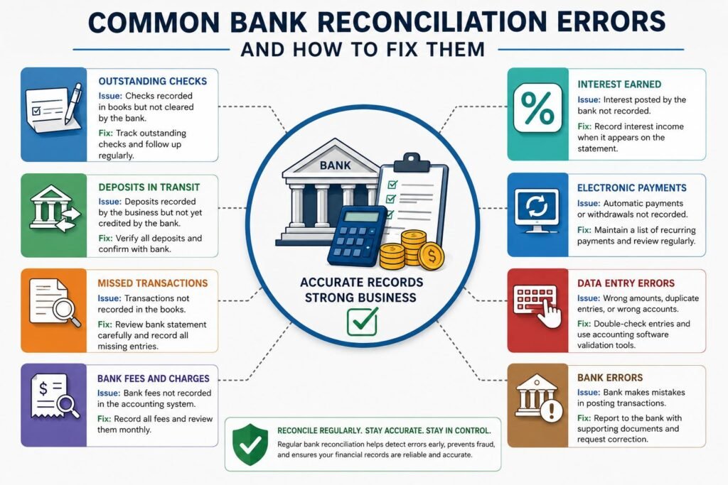 Bank Reconciliation Errors being identified during the bank reconciliation process by matching bank statements with accounting records