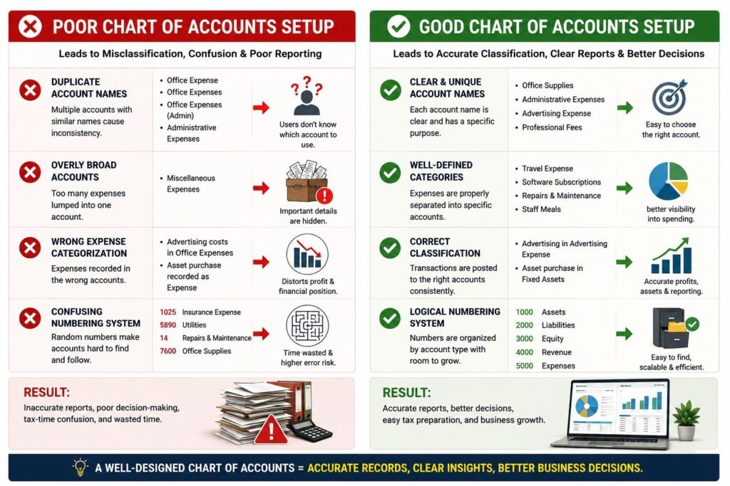 Chart of Accounts Setup Errors comparison showing poor account structure versus organized account classification for accurate financial reporting