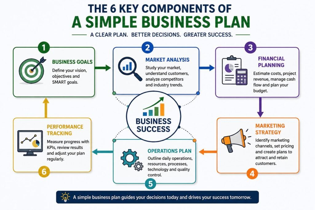 Infographic showing the key components of a simple business plan including goals, market analysis, finances, marketing, operations, and tracking performance.
