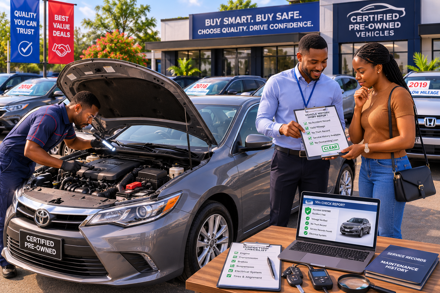 Used car buying guide showing a buyer inspecting a certified pre-owned vehicle before purchase.