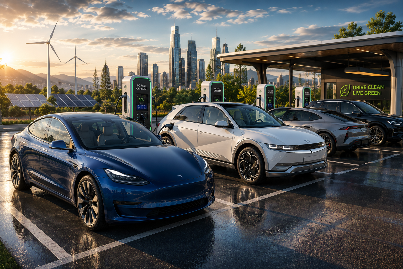Electric car guide featuring modern electric vehicles, EV charging technology, and sustainable transportation.