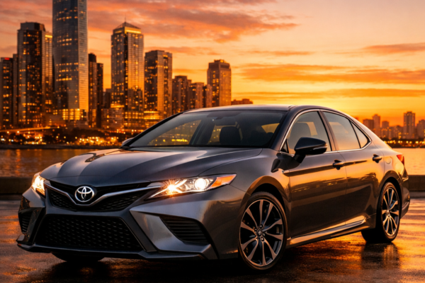 Toyota Camry Guide – Featured 2023 Camry sedan in city sunset.