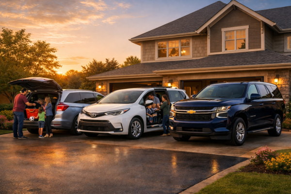 Featured image Best Family Cars 2026 — Honda Odyssey, Toyota Sienna, Chevrolet Tahoe in suburban driveway.