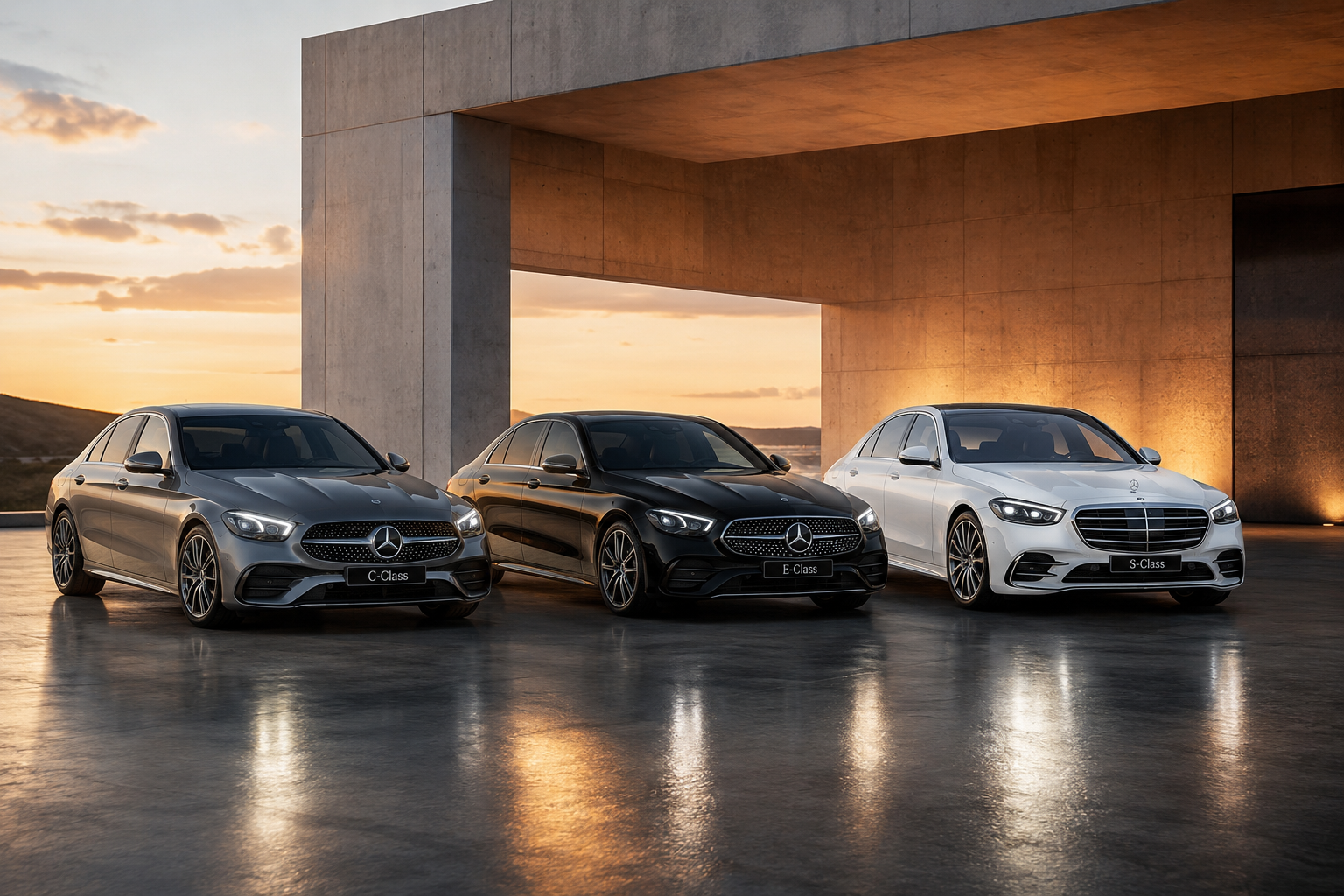 Mercedes-Benz C-Class vs E-Class vs S-Class: Complete Luxury Sedan Comparison Guide 1 Three Mercedes-Benz luxury sedans lined up side-by-side showcasing C-Class, E-Class, and S-Class design.