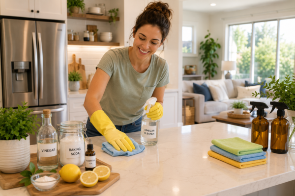 Household Cleaning Hacks using natural cleaning supplies in a bright modern home