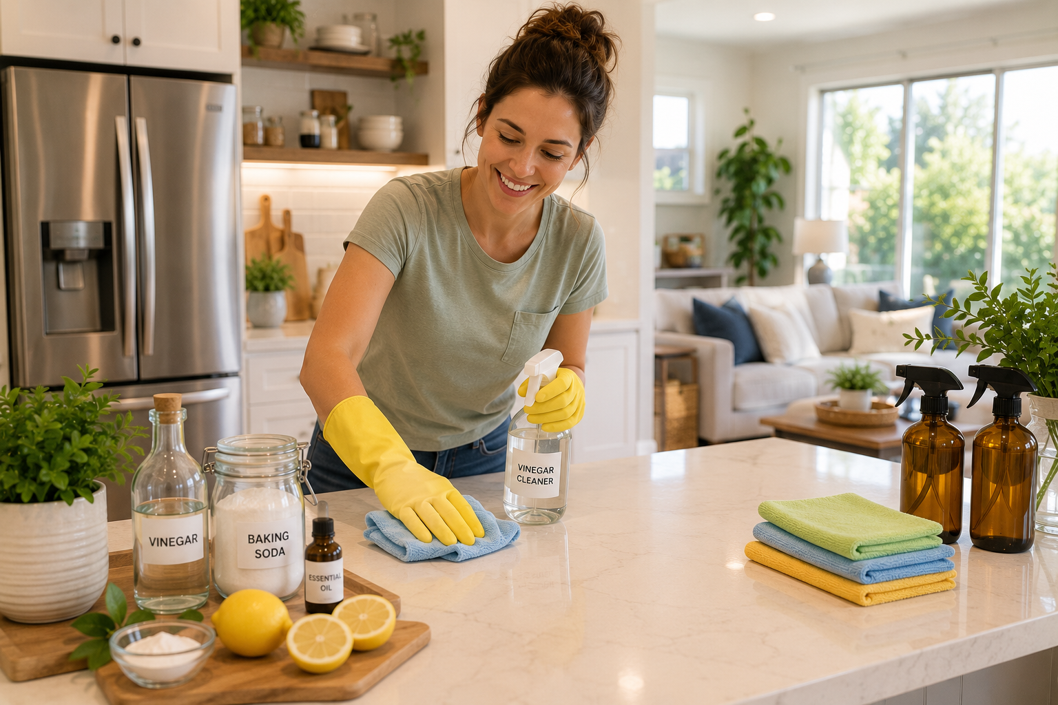 Household Cleaning Hacks using natural cleaning supplies in a bright modern home