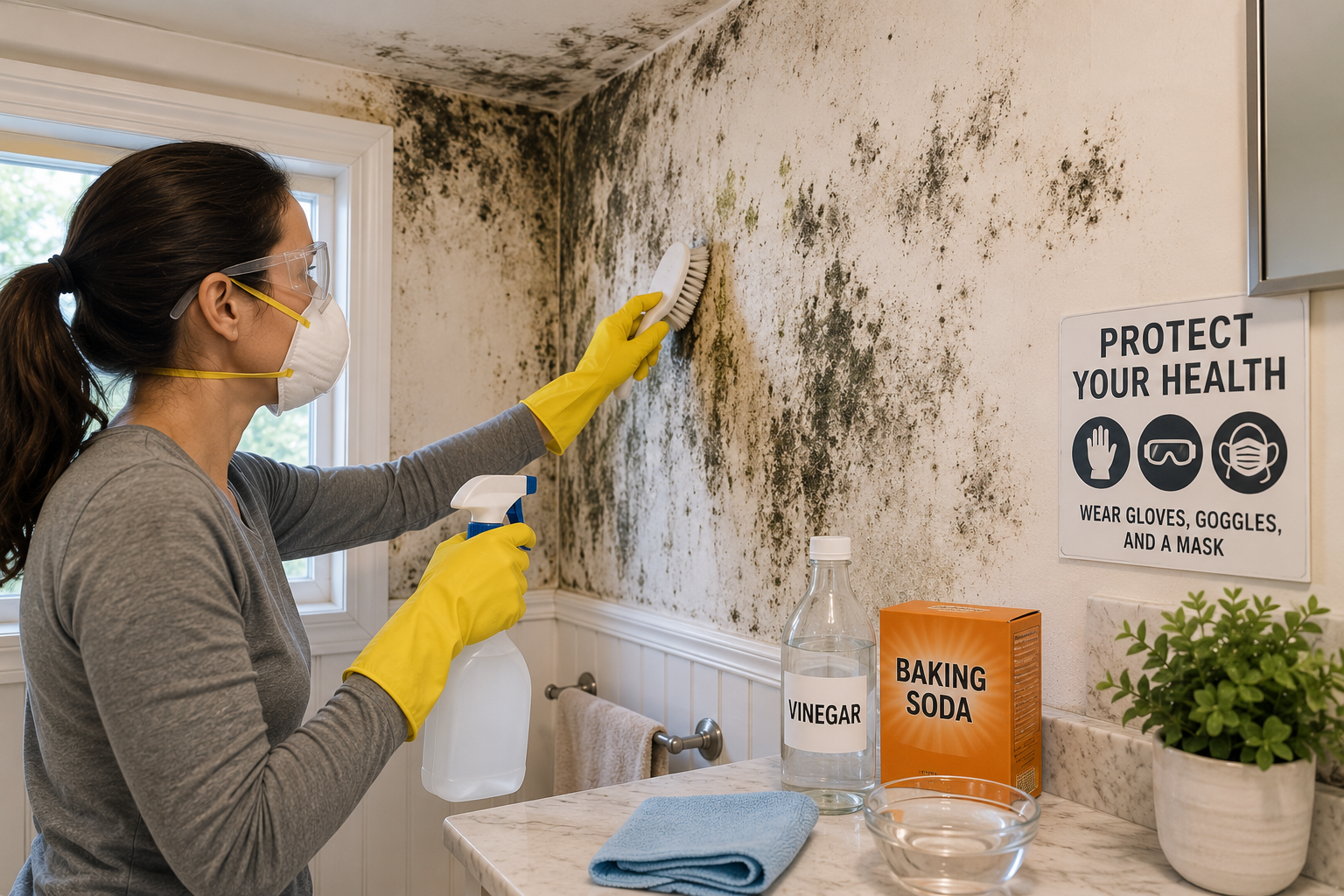 Mold Removal in a modern home using safe cleaning methods on bathroom walls and ceilings