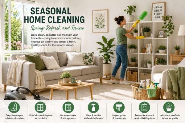 Seasonal home cleaning in a bright living room during spring maintenance