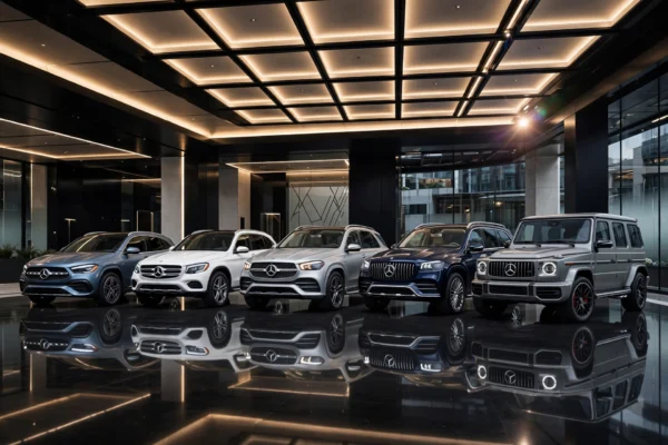 Mercedes-Benz SUV Lineup featuring the GLA GLC GLE GLS and G-Class parked together in a modern showroom.