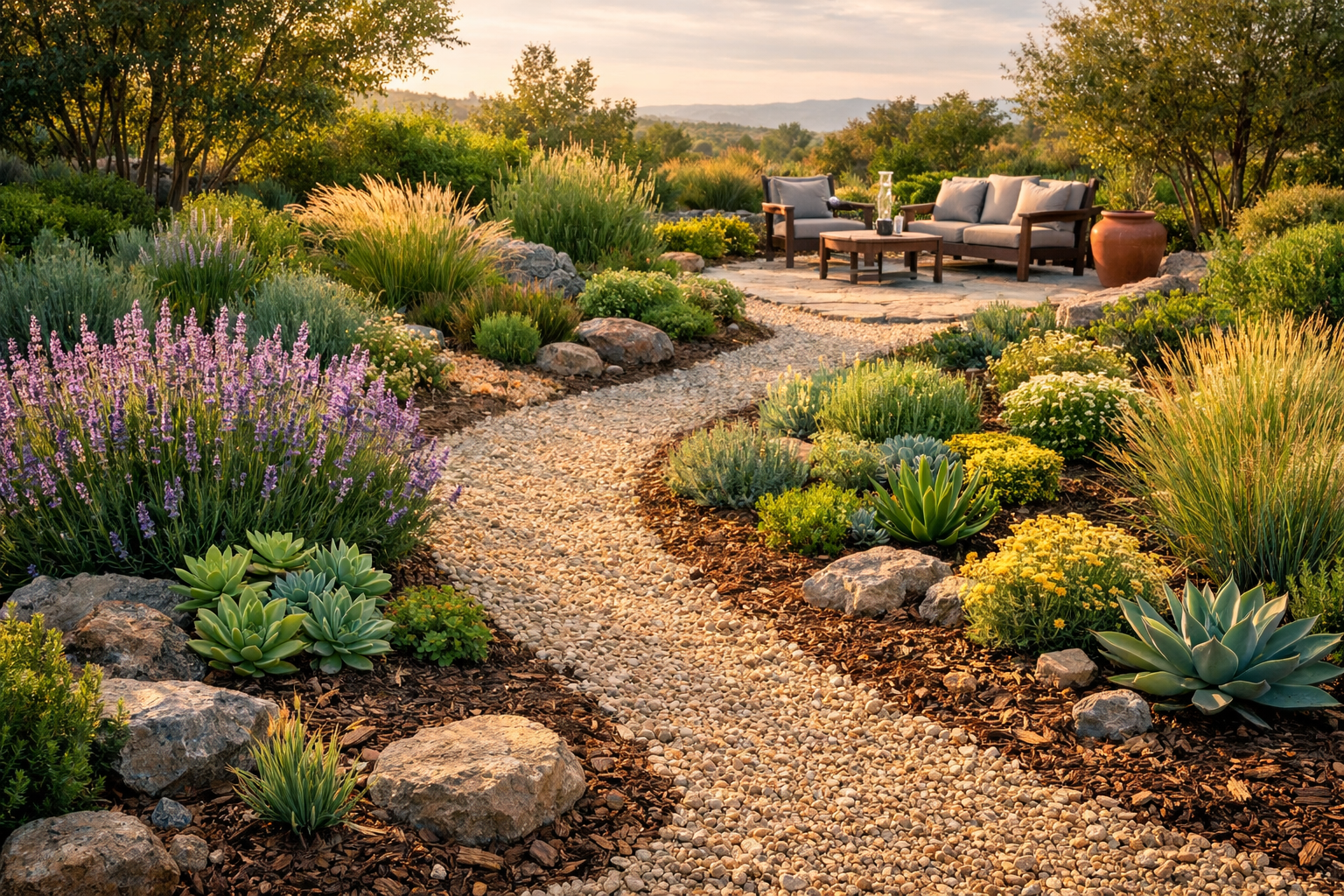 10 Practical Tips for Creating a Low-Maintenance Garden 1 Low-Maintenance Garden Tips with drought-resistant plants, mulched beds, and gravel pathway