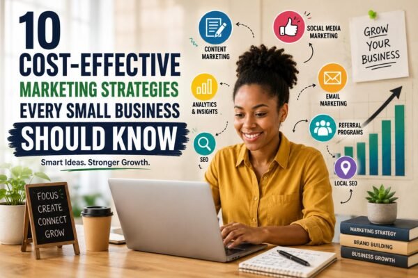 Cost-Effective Marketing Strategies for Small Businesses illustrated with digital marketing channels and business growth tools.