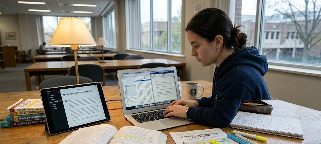 Student using books, journals, and AI tools on laptop for academic referencing work